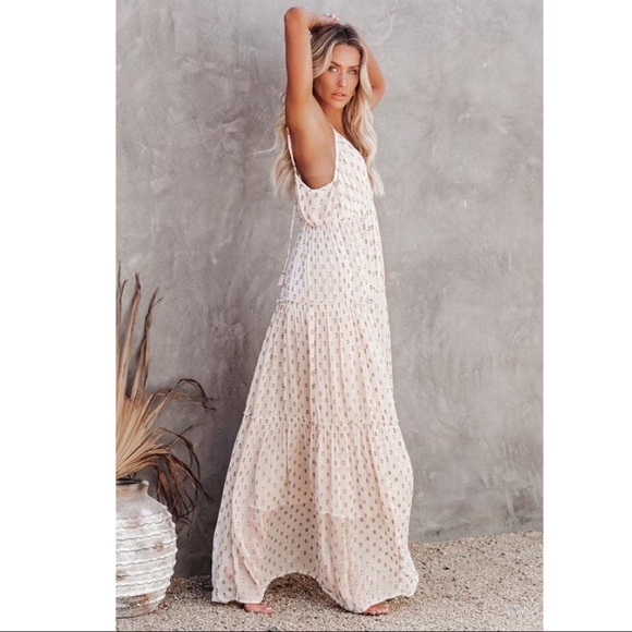 White and Gold Spaghetti Strap Ruffled Maxi Dress - Picture 3 of 6